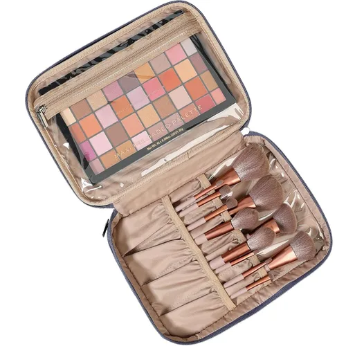 Vista 2 de NISHEL Bolsa de Maquillaje de Viaje Grande de Doble Capa para Mujeres, Estuche Cosmético, Organizador para Accesorios de Tamaño de Viaje, Botellas