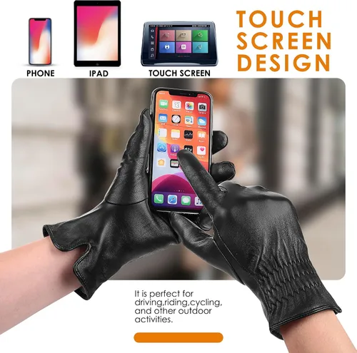 Vista 3 de Guantes de cuero genuino para mujer, guantes de invierno cálidos con forro de cachemira para pantalla táctil para conducir, guantes de piel de oveja