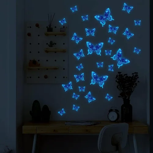 Vista 2 de Calcomanías de pared de mariposa que brillan en la oscuridad, calcomanías de pared de mariposa luminosas azules, calcomanías de pared para estilo 10