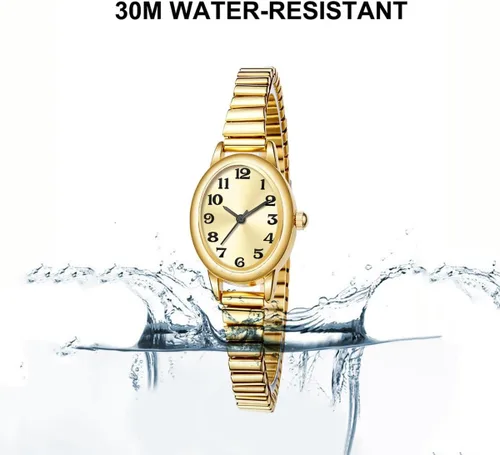 Vista 5 de ADSBIAOYE Relojes pequeños de oro para mujer, números arábigos, fácil de leer, reloj analógico con banda de expansión de acero inoxidable