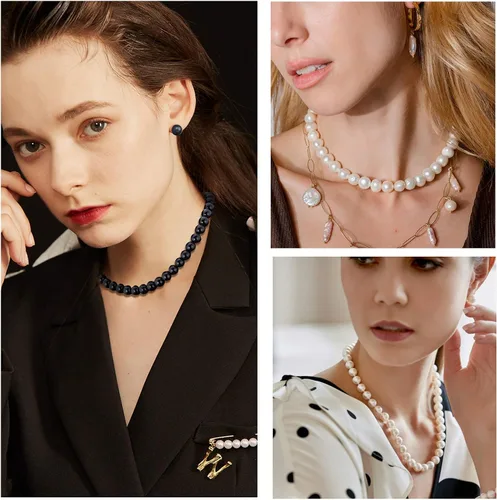 Vista 2 de U7 Collares de perlas para hombres y mujeres, hebra de perlas cultivadas en agua dulce, perlas sintéticas, collar de perlas barrocas, collar