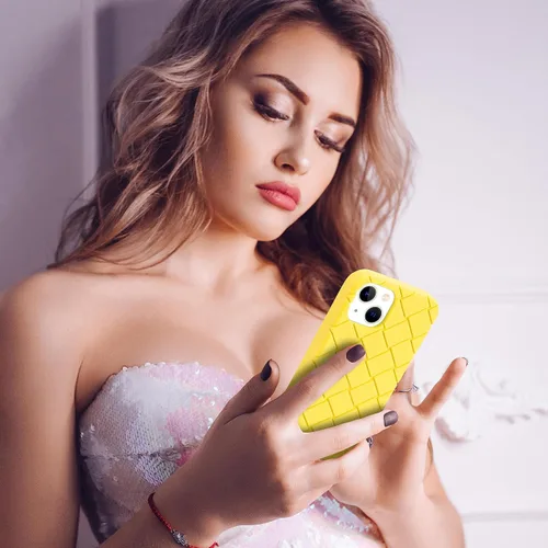Vista 4 de bicol Funda para iPhone 13 con bonito diseño de celosía de rejilla, protector de pantalla de cristal, ajuste delgado, suave, a prueba de golpes Limón