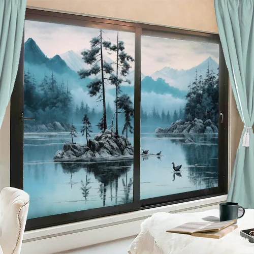 Vista 9 de Película de privacidad para ventana de dibujo de paisaje abstracto, escena de lago, temática de naturaleza, vitrales, sin pegamento, película
