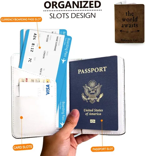 Vista 3 de Wanderlust Collection - Soporte de cuero personalizado para pasaporte - Regalos de viaje, El mundo espera, Cartera Rfid