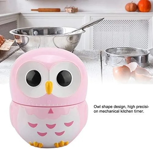 Vista 4 de Linda forma de búho cocina temporizador manual mecánico casero contadores reloj despertador despertador portátil cocina cocina herramienta (rosa)