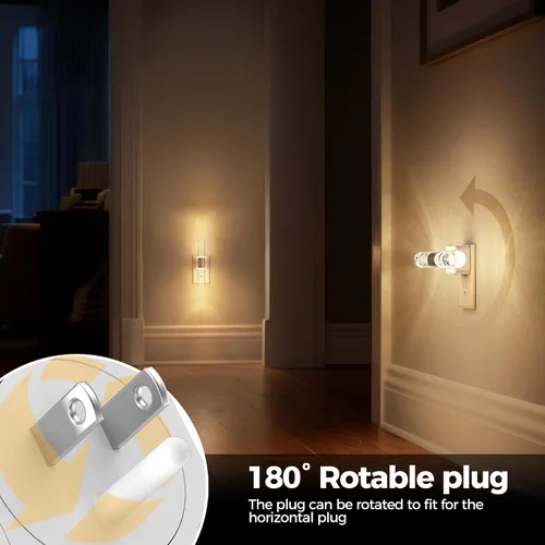 Vista 4 de DORESshop Luz nocturna LED, luces nocturnas giratorias que se enchufan a la pared con sensor de luz automática de 3000 K luz nocturna con brillo