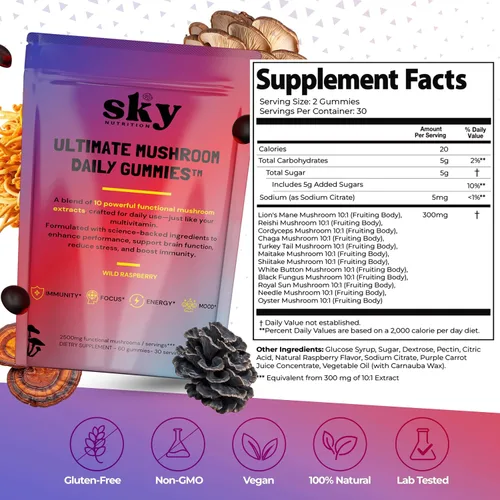 Vista 2 de SKY NUTRITION Gomitas de hongos – Suplemento de hongos adaptogénicos 10 en 1 para adultos – Melena de león, Reishi, Cordyceps, Chaga, cola de pavo