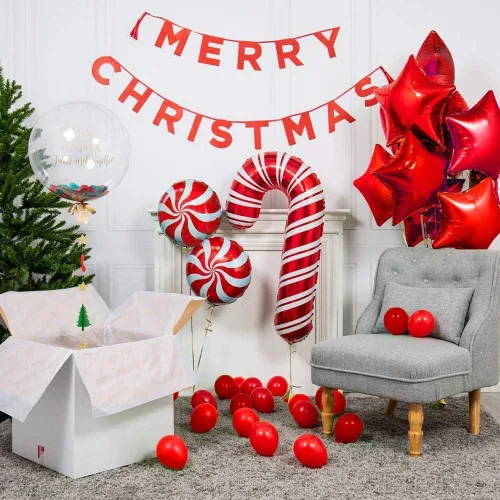 Vista 6 de Kit de arco de guirnalda de globos de Navidad con globos de caramelo rojo y blanco de Navidad, caja de regalo, globos de estrella roja