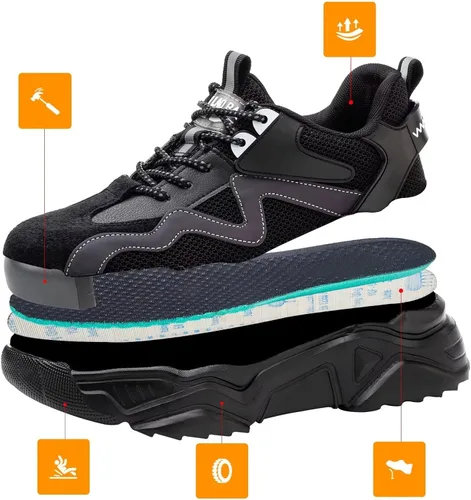 Vista 4 de Zapatos de punta de acero para mujeres y hombres, zapatos de seguridad de trabajo de ajuste ancho, ligeros, antideslizantes, cómodos, compuestos