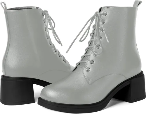 Vista 82 de ROSERWISH Botas altas de tacón bajo y grueso para mujer, con cordones, cómodas, modernas, con puntera redonda, de 2.5 pulgadas