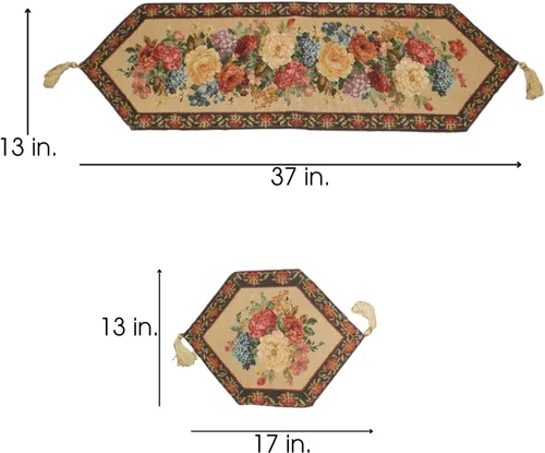 Vista 3 de Tache - Juego de 3 manteles individuales y manteles individuales con diseño floral y borlas doradas para comedor, cocina, ocasiones especiales
