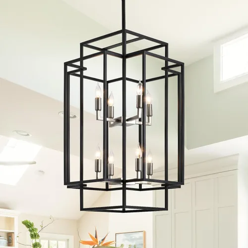 Vista 13 de Candelabro Negro de Granja, Candelabros Grandes para Techos Altos, Lámpara Colgante de Linterna Escalonada de 8 Luces, Accesorios de Iluminación