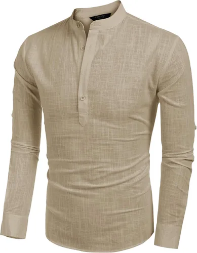 Vista 2 de COOFANDY - Camisa de lino y algodón con cuello Henley, de manga larga, estilo hippie, informal, camisetas de playa