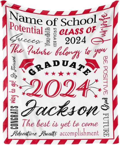 Vista 15 de Manta personalizada con nombre de graduados y escuela para un regalo único, manta personalizada de graduación de clase de 2024, manta suave, 30 x 40