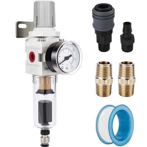 Vista 9 de 1" NPT Filtro de aire comprimido regulador combinado tipo piggyback, elemento de latón de 5 micrones, cuenco de policarbonato, desagüe