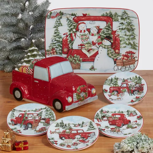 Vista 5 de Juego de 4 platos llanos de cerámica con diseño de muñeco de nieve de camión rojo. Añade encanto clásico de vacaciones a tu mesa con estos platos