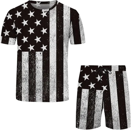 Vista 4 de Traje deportivo casual para hombre 2023 con bandera estadounidense, conjunto de 2 piezas para el 4 de julio, conjunto de camiseta y pantalones