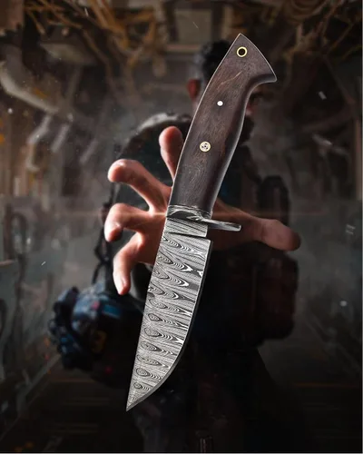 Vista 9 de Cuchillo de caza de Damasco hecho a mano con funda de cuero de transporte horizontal, hoja fija de espiga completa para camping, senderismo