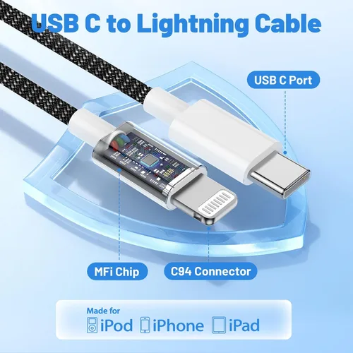 Vista 4 de Cable USB C a Lightning, paquete de 2 unidades de 6 pies + 10 pies, [certificado Apple MFi], cable de carga rápida para iPhone 14 13 12 11 Pro