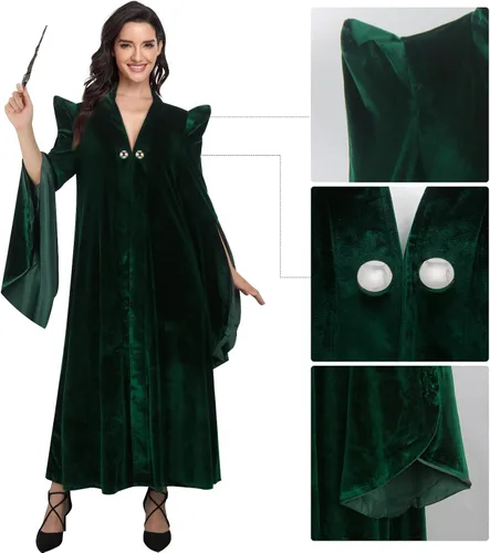 Vista 4 de CUSFULL Bata de bruja para mujer, capa de terciopelo verde, capa de maga, disfraz de hechicera, trajes de fiesta de Halloween