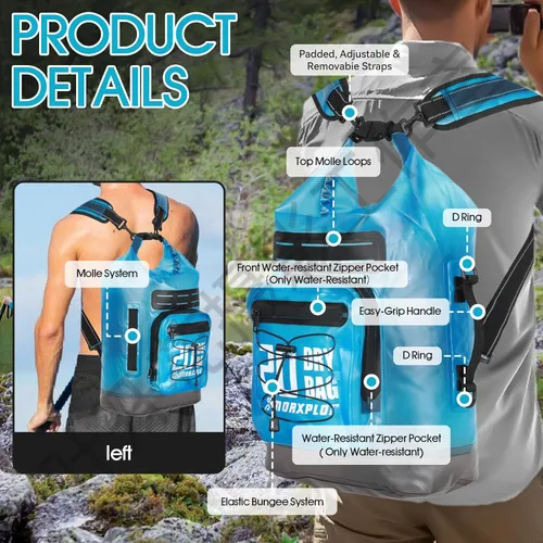 Vista 73 de MORXPLOR Bolsa seca impermeable, 5L/10L/20L/30L/40L/55L Mochila seca con funda impermeable para teléfono para natación, kayak