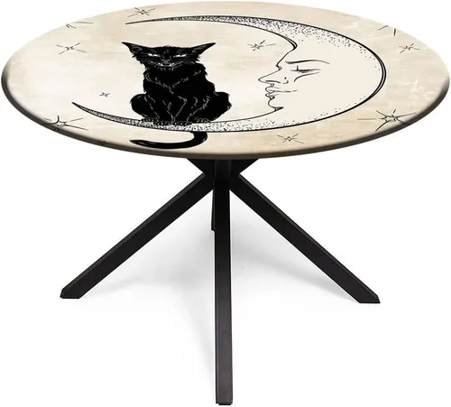 Vista 2 de Mantel redondo, mantel de luna para mesa auxiliar, gato negro sentado en luna creciente blanca, se adapta a mesas redondas de 61 pulgadas