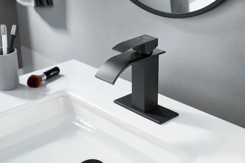 Vista 5 de Grifo de lavabo negro mate de 1 o 3 agujeros, grifos de una sola manija para fregadero de baño, lavabo de tocador moderno con drenaje emergente