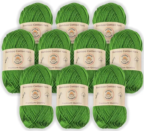 Vista 35 de Paquete de 10 unidades de hilo de 500 gramos de Yonkey Monkey - 70 % rayón derivado del bambú, 30 % algodón - Importado - Verde militar 9059