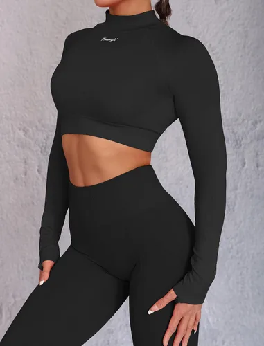 Vista 3 de FRESOUGHT Camiseta corta de manga larga para mujer, sin costuras, atlética, ropa deportiva, para gimnasio, yoga, correr, cuello alto falso