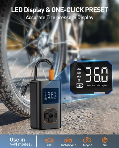 Vista 8 de Tire Inflator Portable Air Compressor - 150 PSI Portable Air Pump for Car Tires, Cordless Electric Bike Tire Pump with Digital Pressure Gauge, LED