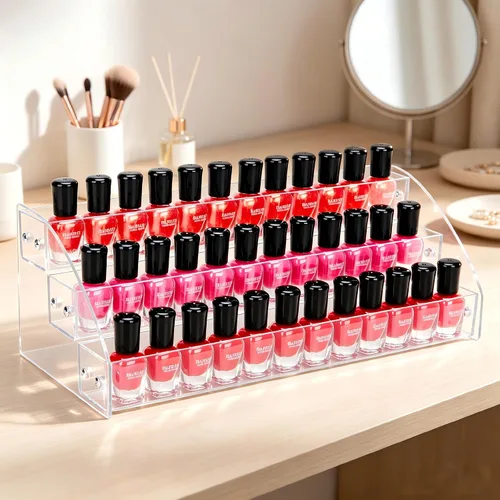 Vista 4 de KINGROW Estante organizador de esmalte de uñas, estante de exhibición de acrílico de 3 capas, estante para anteojos, aceites esenciales