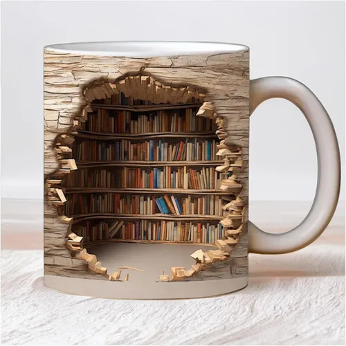 Vista 9 de Taza de estantería 3D, tazas de biblioteca, taza de café para amantes de los libros, taza de cerámica con diseño creativo del espacio para mujeres