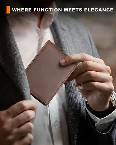 Vista 36 de Billetera AirTag para hombre, de piel auténtica plegable con bloqueo Rfid AirTag con ranuras para efectivo y ventana de identificación, compatible