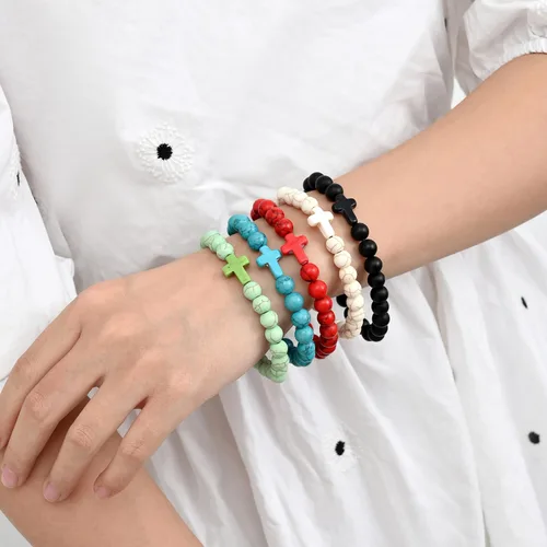 Vista 4 de Pulseras de cruz de cuentas de 0.315in para mujeres y hombres, pulsera elástica de oración para niños y niñas, regalos de cruz de amistad