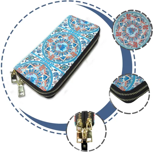 Vista 4 de LATH.PIN Cartera bohemia con bloqueo RFID, bolso de lona con patrón de elefante con bolsillo para monedas y correa
