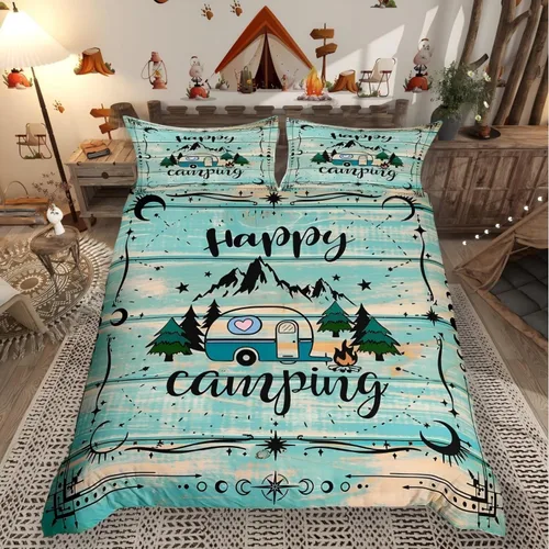 Vista 20 de Erosebridal Juego de funda de edredón de cabaña de cabaña, ropa de cama individual para niños, funda de edredón de campamento feliz, ropa de cama
