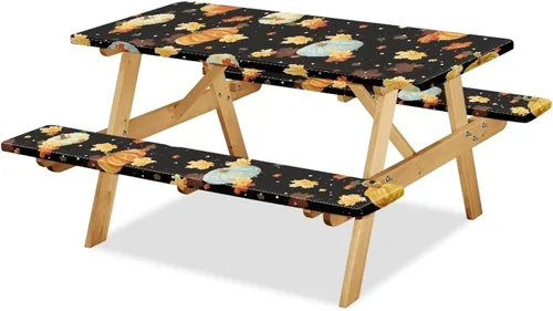 Vista 26 de Funda de mesa de picnic con fundas de banco, resistente al viento, resistente a las manchas, mantel de camping y accesorios de viaje, juego de 3