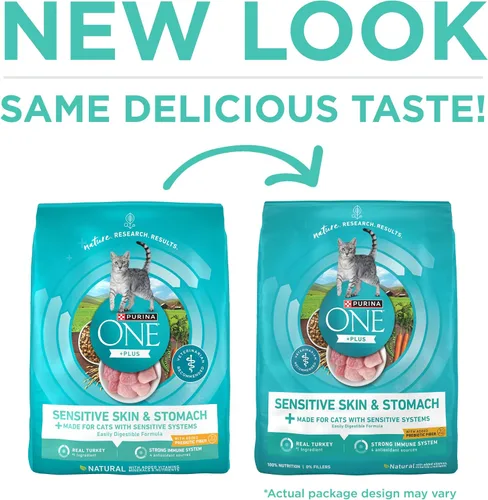 Vista 2 de Purina ONE Estómago sensible, piel sensible, alimento seco natural para gatos, fórmula +Plus para piel y estómago sensible, bolsa de 7 libras