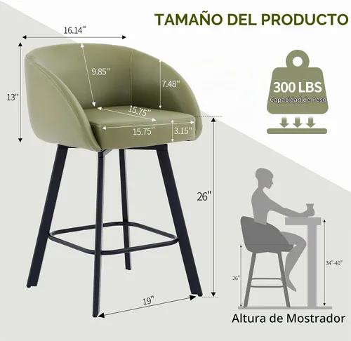 Vista 2 de FIRAVOE Juego de 2 taburetes de bar, taburetes de bar giratorios de altura de mostrador de 26", con respaldo y reposabrazos, taburetes de bar