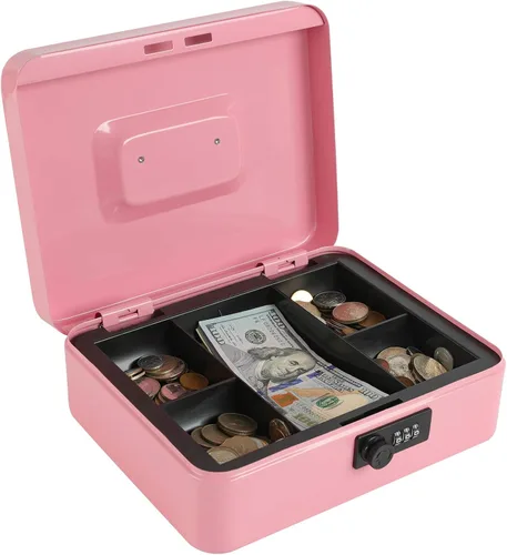 Vista 14 de xydled Caja fuerte de acero con cerradura de combinación, caja fuerte para dinero con bandeja extraíble para monedas, tamaño mediano, 7.87 x 6.30 x