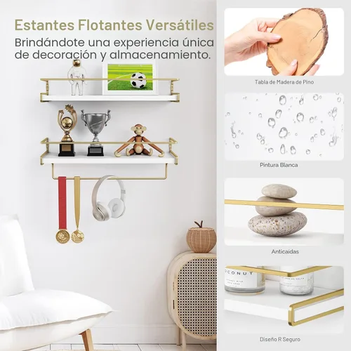 Vista 7 de Forbena - Estantes flotantes de baño montados en la pared, estantes blancos y dorados estéticos para accesorios de baño, organizador de baño moderno