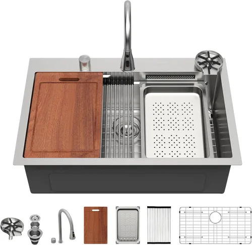 Vista 14 de Sarlai - Fregadero de cocina de cascada de 31 pulgadas, de montaje superior - 31x20 Fregadero de cocina con borde y estación de trabajo, de acero