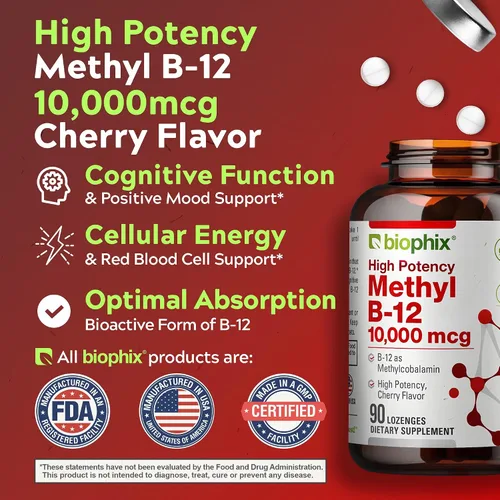 Vista 2 de biophix Metil B-12 10000 mcg 90 pastillas veganas sabor cereza extra fuerte - Apoya el sistema nervioso salud inmune metabolismo flujo sanguíneo