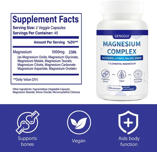 Vista 2 de Complejo de magnesio 1000 mg - Suplemento 7 en 1 con glicinato, citrato y malato - Apoya la relajación muscular, el sueño, la salud del corazón