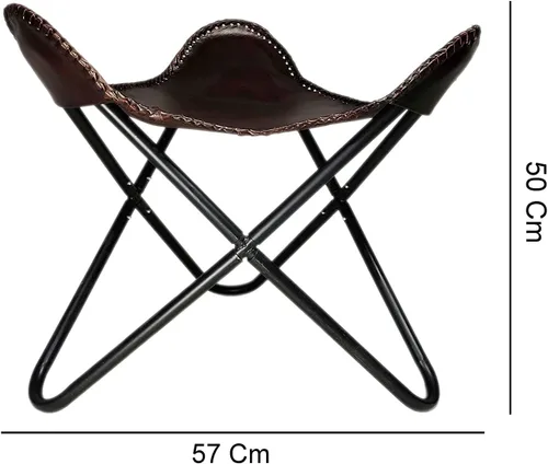 Vista 2 de Taburete otomano de mariposa de cuero marrón oscuro hecho a mano – Reposapiés de cuero de búfalo auténtico con base plegable de hierro negro, silla