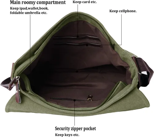Vista 4 de Bolso bandolera de lona vintage para hombres y mujeres, bolsa de hombro de viaje para laptop de 13.5 pulgadas, bolsa para libros (verde militar)