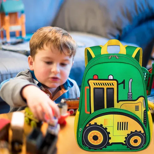 Vista 8 de BTOOP Mochila para niños y niñas, mochila con clip para el pecho, Tractor-verde, Mochilas Daypack