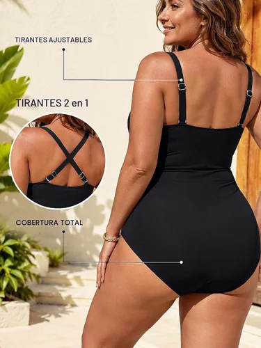 Vista 6 de Traje de baño de una pieza para mujer, con control de abdomen, traje de baño con arrugas Negro