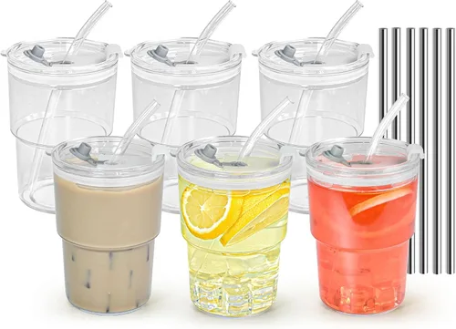 Vista 9 de Juego de 2 Tazas de Plástico de 15 oz para Café Helado Matcha con Tapas y Popotes, Vasos para Beber Irrompibles Reutilizables para Café Helado