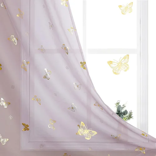 Vista 17 de Jubilantex Paneles de cortinas transparentes de mariposas negras y doradas de 52 pulgadas de ancho para dormitorio de niñas, elegantes cortinas